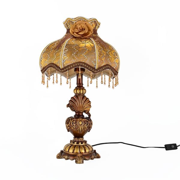 OUKANING 21.65 in. Brown European Retro Bedside Table Lamp with Cloth Shade for Bedroom Living Room Home Decor, No Bulbs Included