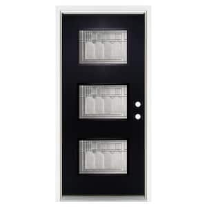 36 in. x 80 in. Left-Hand Inswing 3-Lite Vintage Glass Black Finished Fiberglass Prehung Front Door
