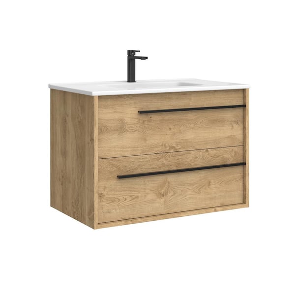 WS Bath Collections Lotus 32.0 in. W Single Basin Wall Mounted Bath Vanity in Natural Oak with Ceramic White Top