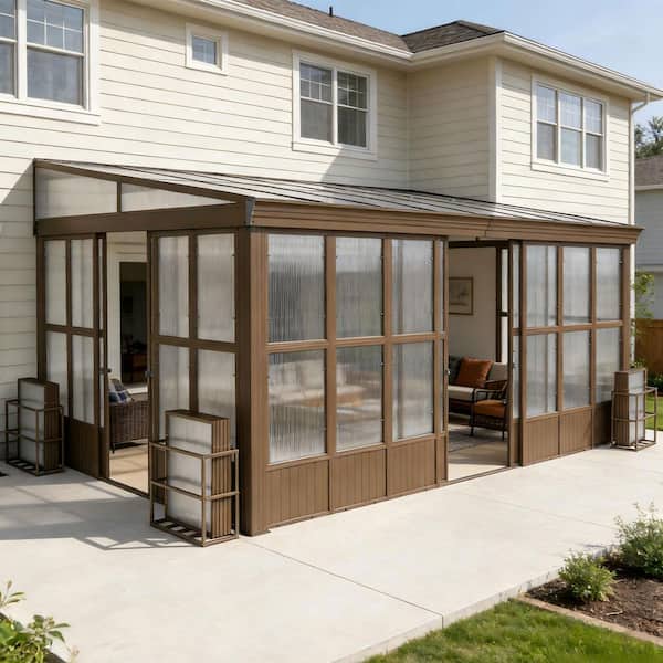 12 ft. x 16 ft. Brown Lean-to Wall Mounted Aluminum Frame Sunroom with Polycarbonate Roof and Sliding Doors