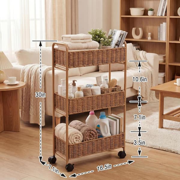 3-Shelf Natural Rolling Storage Cart Organizer with Locking Casters and Built-In Shelf for Narrow Spaces