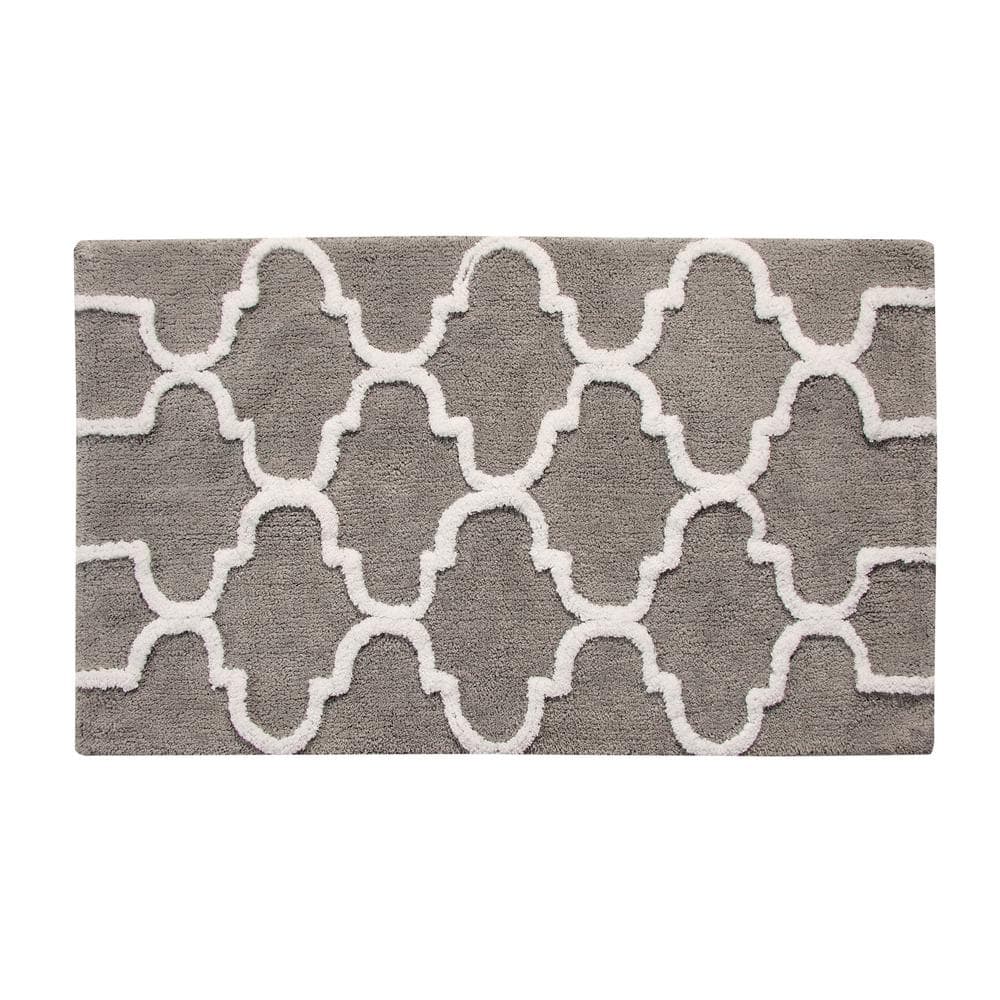 Saffron Fabs 36x24 Inch Geometric Cotton Bath Rug in Grey/White