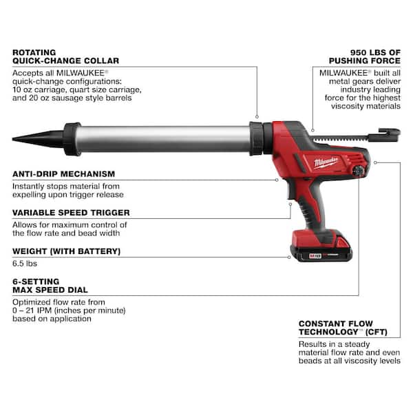 Milwaukee M18 18V Lithium Ion Cordless 20 oz. Caulk and Adhesive Gun Kit Aluminum Sausage w 1 1.5Ah Battery Charger 2642 21CT The Home Depot