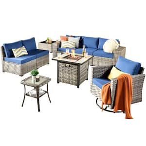 Tahoe Grey 9-Piece Wicker Patio Fire Pit Conversation Sofa Set with a Swivel Rocking Chair and Navy Blue Cushions