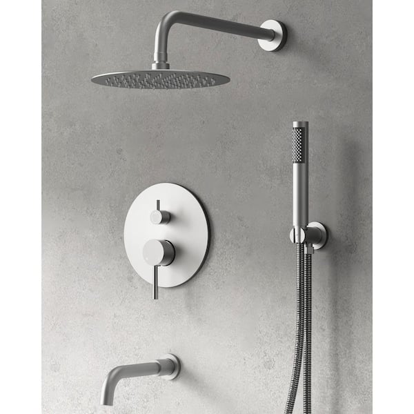 GRANDJOY Pressure Balance 3-Spray Wall Mount 10 in. Fixed and Handheld Shower Head 2.5 GPM in Brushed Nickel Valve Included