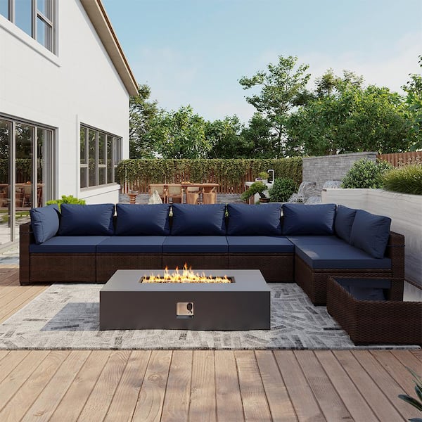 UPHA 8-Pieces Wicker Patio Furniture Set With Gas Propane Concrete Fire Pit Table, Conversation Set with Beige Cushions