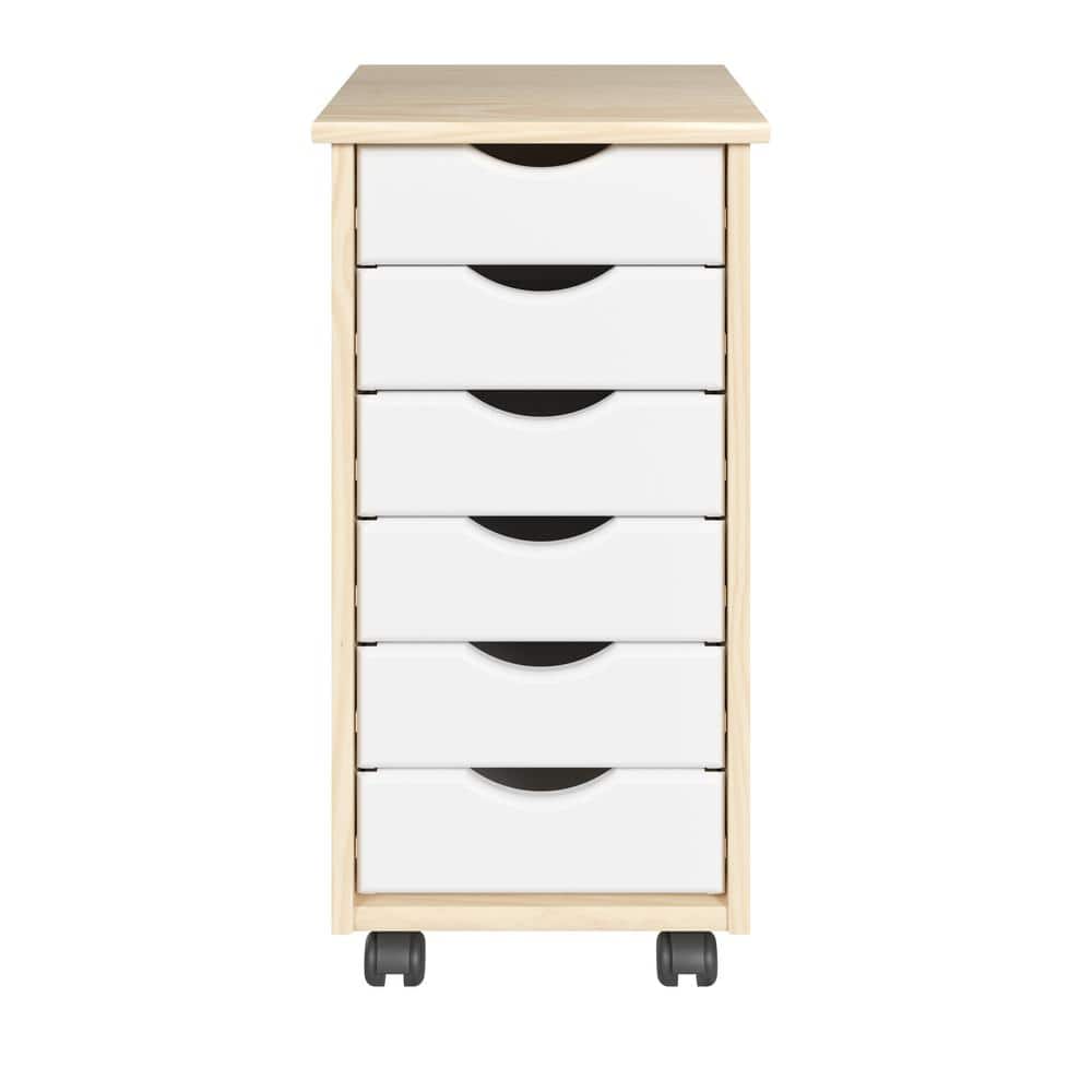 Natural and White Solid Wood 6-Drawer Rolling Storage Cart