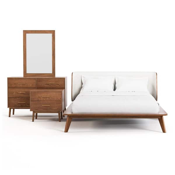 Riverstone 4-Piece Walnut Boucle Wingback Full Low Profile Wood Bedroom Set with Nightstand and Dresser/Mirror