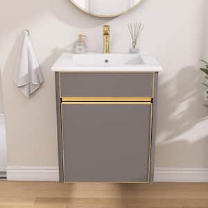 16 in. W x 17 in. D x 19 in. H Floating Wall Mounted Bath Vanity Bathroom Cabinet in Gray with White Ceramic Basin Top