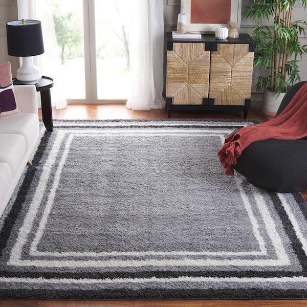 Border and Stripe Shag 7 ft. x 7 ft. Gray/Black Concentric Border square Area Rug