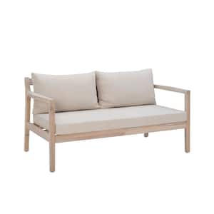 Tryton Natural Brown Wood Frame Outdoor 2 Seater Loveseat Sofa with Beige Cushions