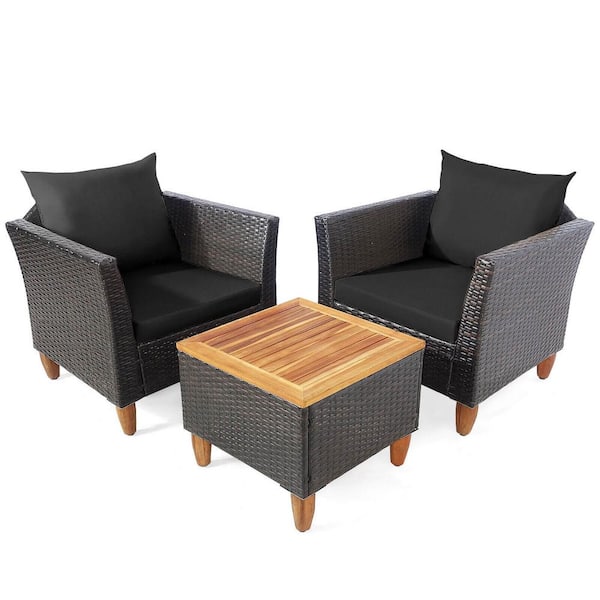 LIVIZA 3-Piece Wicker Patio Conversation Set with Black Cushions