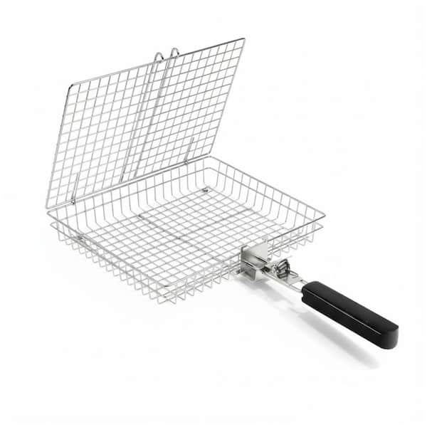 4-Pieces Stainless Steel Grill Basket Set w/ Removable Handle, Latch, Rust-Resistant, Dishwasher Safe Gloves and Skewers