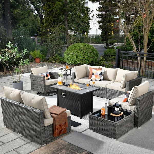 Toject Sanibel Gray 10-Piece Wicker Patio Conversation Sofa Set with a Swivel Chair, a Metal Fire Pit and Beige Cushions