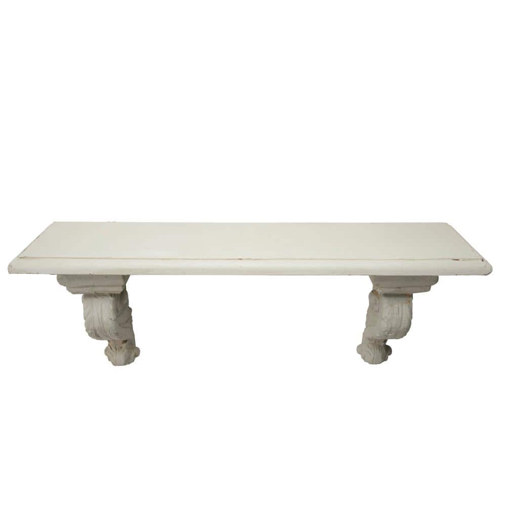 31.5" White and Beige Wood Floating Wall Shelf with Scrollwork