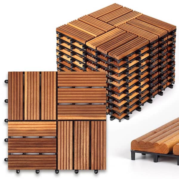 Afoxsos 1 ft. x 1 ft. Straight Groove Acacia Wood Interlocking Deck Tiles Waterproof All Weather for Patio in Brown-(10-Pack)