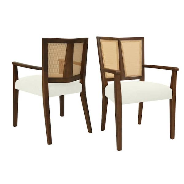Modern Farmhouse Beige Fabric Upholstered Arm Dining Room Chair Kitchen Chairs with Walnut Wood Frame Set of 2