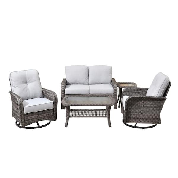 Ruby Grey 5-Piece Wicker Outdoor Furniture Patio Conversation Sofa Set with Swivel Chairs and Light Grey Cushions