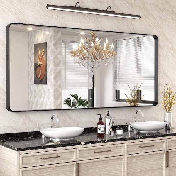 Apmir 72 in. W x 32 in. H Large Rectangular Tempered Glass & Aluminum Alloy Framed Wall Bathroom Vanity Mirror in Matte Black