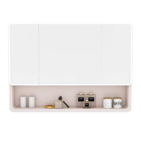 35 in. W x 28 in. H Rectangular Khaki Surface Mount Medicine Cabinet with Mirror, 3-Colors LED Light, Defogging Function