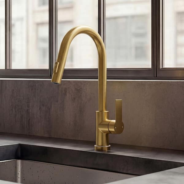 16 in. H LED Stainless Steel 1-Handle Pull Down Sprayer Kitchen Faucet Hot and Cold with 360° Swivel in Brushed Gold