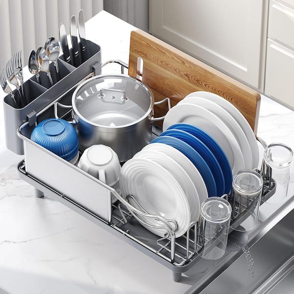 Stainless Steel Dish Rack for Kitchen Counter with Drain Board, Utensil Holder and Detachable Cup Shelf