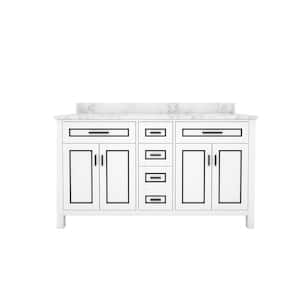STYLE2 60 in. W x 22 in. D x 35 in. H Ceramic Sink Freestanding Bath Vanity in White with Carrara White Marble Top