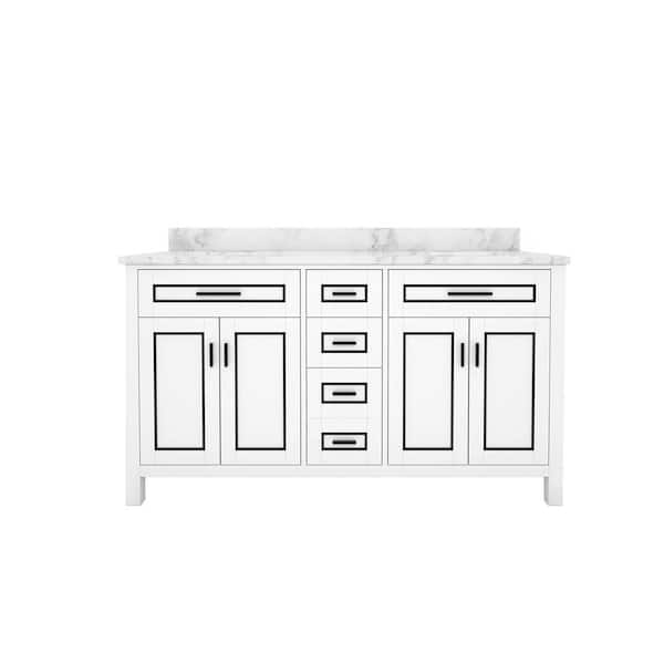 Sinber STYLE2 60 in. W x 22 in. D x 35 in. H Ceramic Sink Freestanding Bath Vanity in White with Carrara White Marble Top