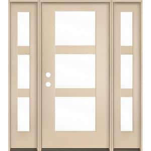 BRIGHTON Modern 64 in. x 80 in. 3-Lite Right-Hand/Inswing Clear Glass Unfinished Fiberglass Prehung Front Door with DSL