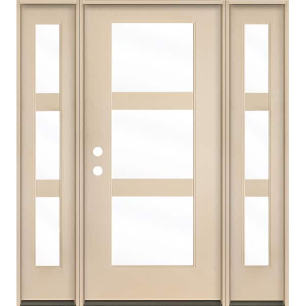 Krosswood Doors BRIGHTON Modern 64 in. x 80 in. 3-Lite Right-Hand/Inswing Clear Glass Unfinished Fiberglass Prehung Front Door with DSL