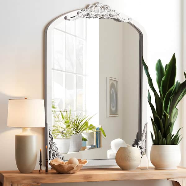 Lirago 24 in. W x 36 in. H Classic Arched Solid Wood Framed Wall Mirror in White