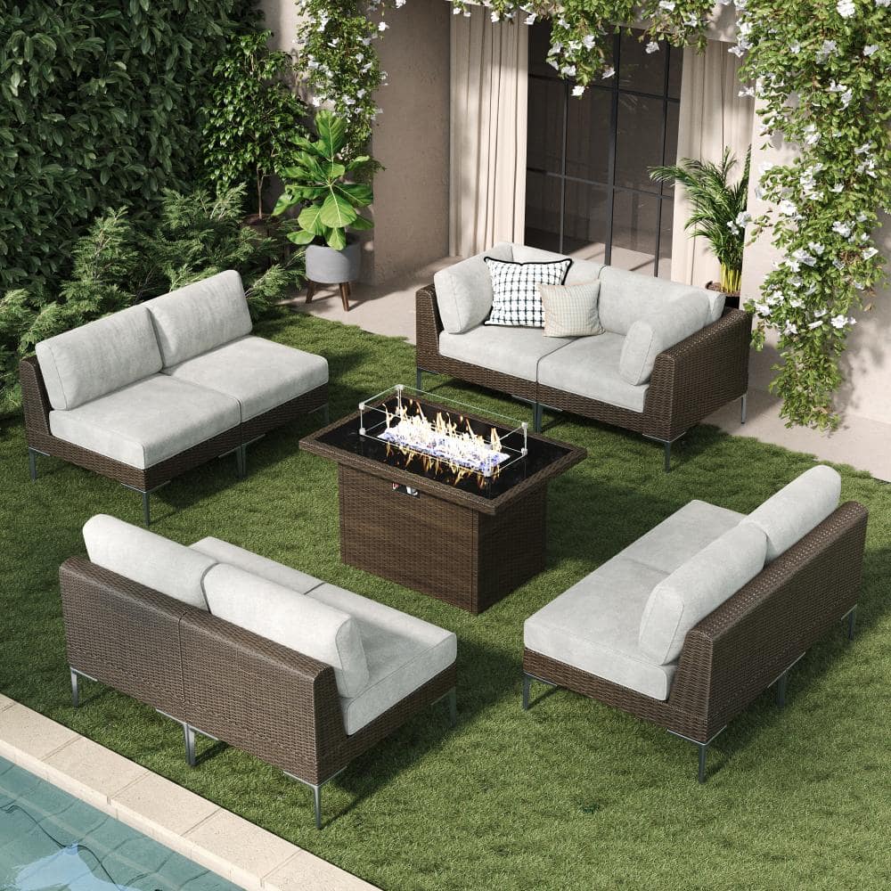 9-Piece Wicker Rattan Patio Sofa Sectional Conversation Set with Fire Pit Table and Beige 6-inch Cushions price history on PriceWatchPro