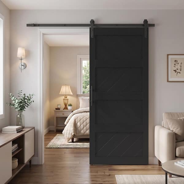 32 in. x 84 in. 4 Panel Wave Shape Solid Core Black Finished MDF Assembly Required Sliding Barn Door with Hardware Kit