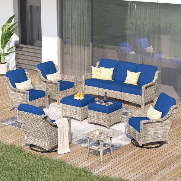 weaxty W Tulip K Gray 8-Piece Wicker Patio Outdoor Conversation Sofa Set with Swivel Rocking Chairs and Navy Blue Cushions
