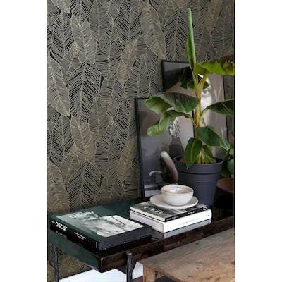 Canales Black Gold Inked Leaves Wallpaper Sample