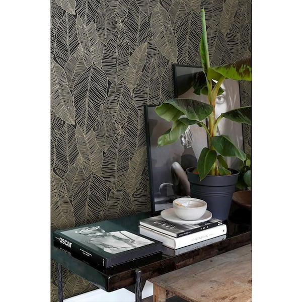 Canales Black Gold Inked Leaves Wallpaper Sample