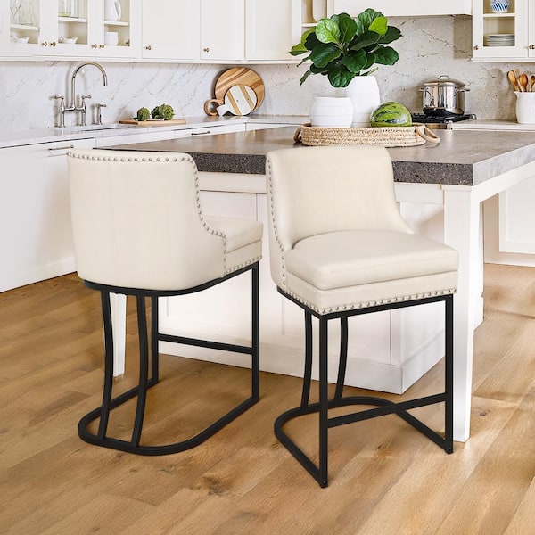LUE BONA Aurora 26 in. Ivory Faux Leather Upholstered Counter Height Bar Stool with Double Cushion Counter Stool Set of 2