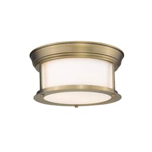 11 in. 2-Light Heritage Brass Flush Mount with Matte Opal Shade