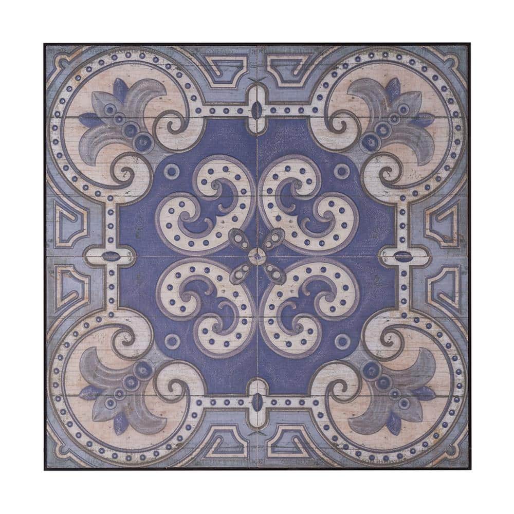 48" Blue and Ivory MDF Floral Mandala Wall Art Tile