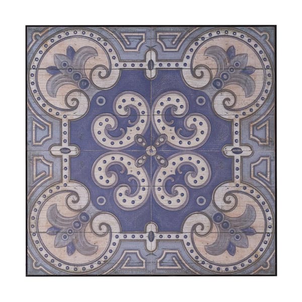 Benjara Blue, Gray and Ivory Wooden Framed Floral Mandala Blooming Wall Art Tile