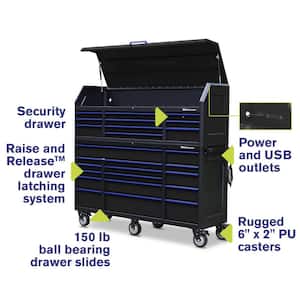 72 in. W x 20 in. D 26-Drawer Tool Chest and Cabinet Combo with Power and USB Outlets in Black and Blue