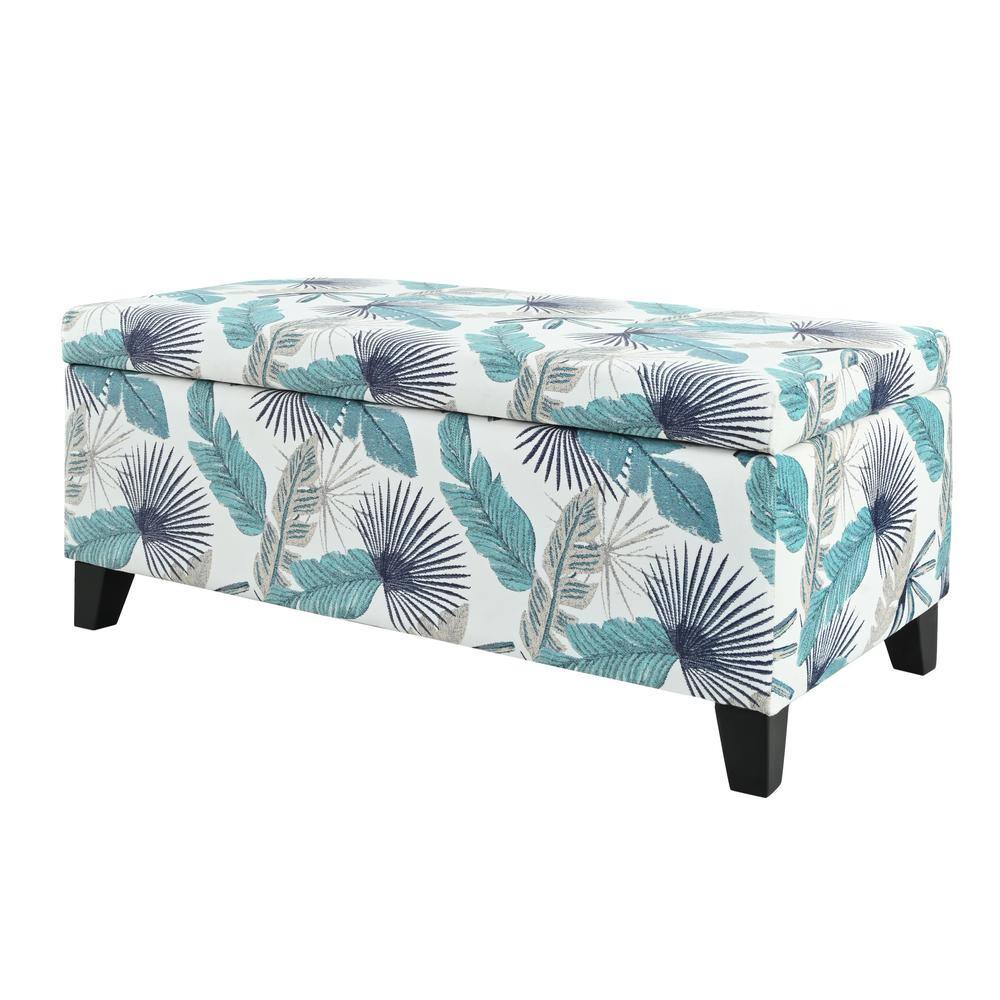 Blue and White Floral Upholstered Storage Ottoman with Birch Wood Legs