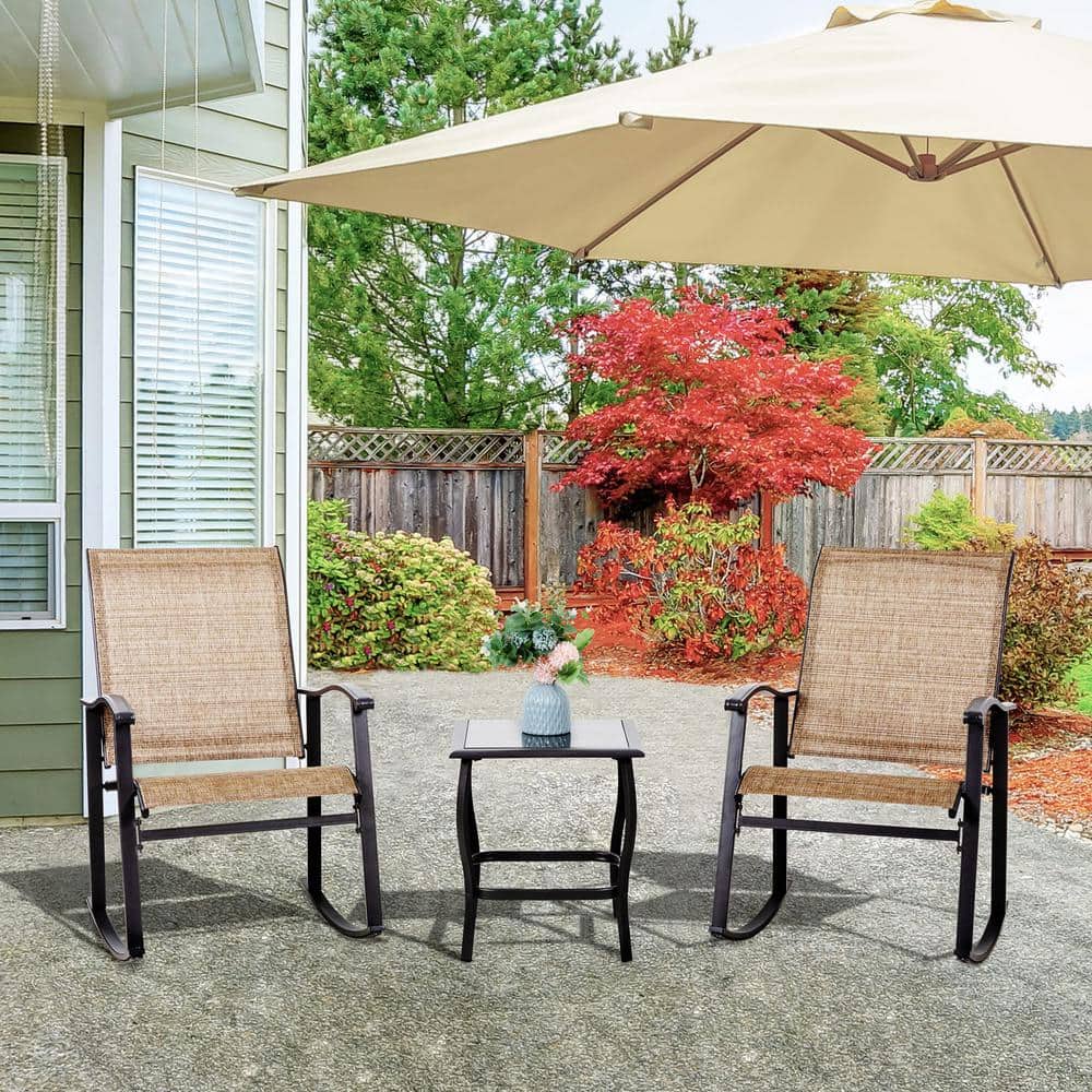 Brown 3-Piece Metal Outdoor Rocking Bistro Set with Glass Table for Lawn, G