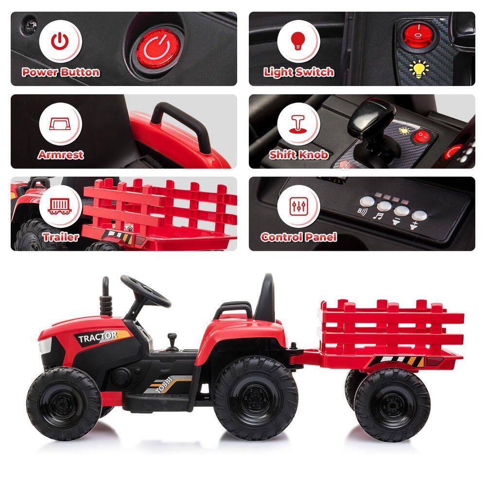 Red 12V Kids Ride-On Tractor with Trailer and LED Lights
