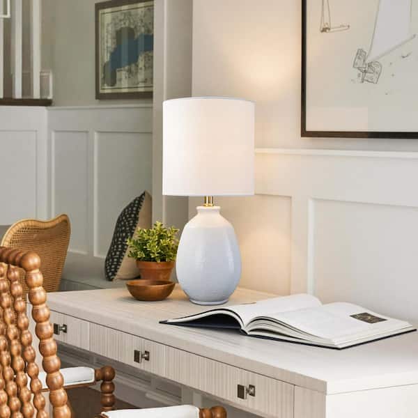 19.75 in. Plug-In White Bubble Ceramic Table Lamp with White Linen Shade for Bedroom/Foyer/Living Room