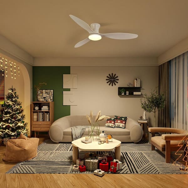 52 in. Smart Industrial Indoor LED White Flush Mount Ceiling Fan with Light Kit Remote 3 Blades 3 Color Setting for Room