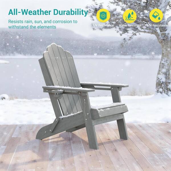 Sonkuki Linen Gray Plastic Foldable Adirondack Chair with Cup
