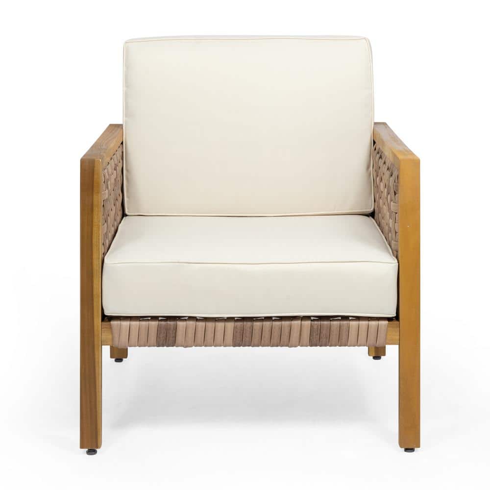 Teak Faux Rattan Club Armchair with Beige Cushions