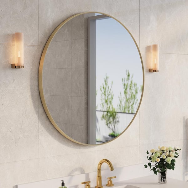 WELLFOR BELLA 36 in. W x 36 in. H Round Aluminum Framed Wall-Mounted Bathroom Vanity Mirror in Brushed Gold