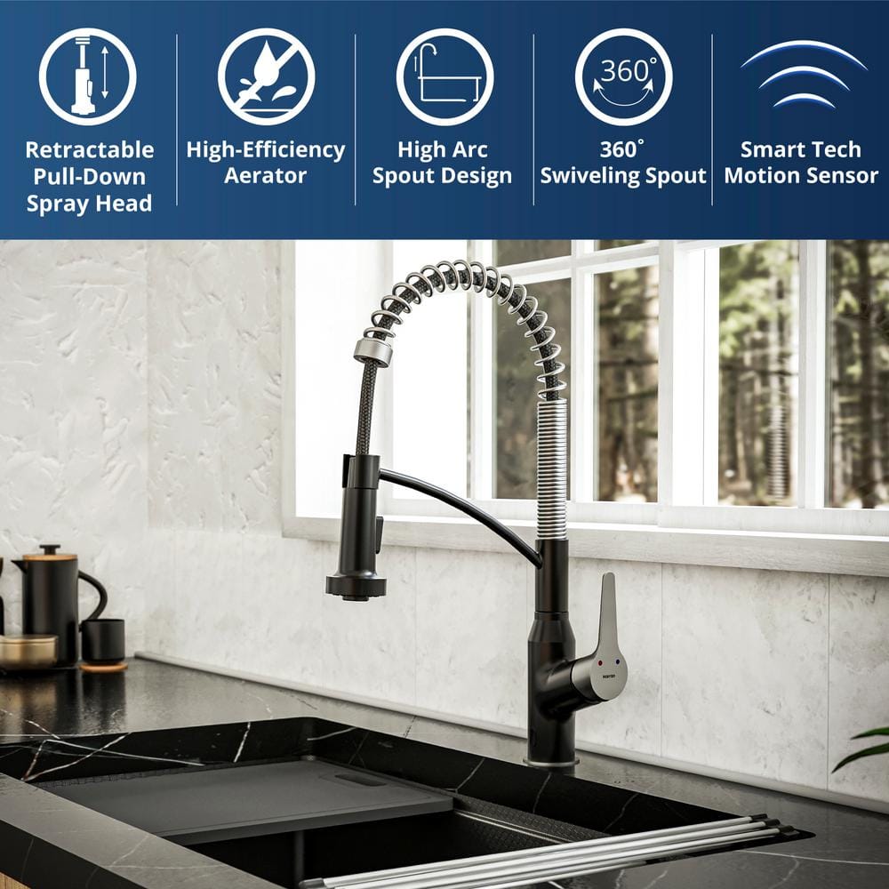 Matte Black and Stainless Steel Pull-Down Kitchen Faucet with Spray